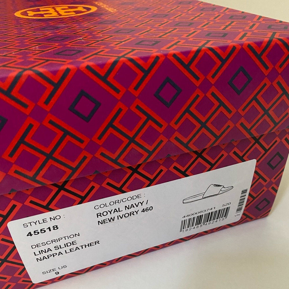 NIB Tory Burch LOGO Lina Leather Slide Royal Navy - Picture 11 of 11